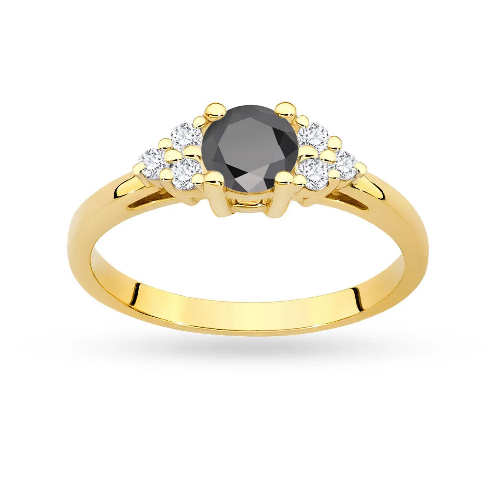 Prsteň zo žltého zlata 14k(585) s čiernym diamantom 0,50 ct a 6 diamantmi. Perfektný ako darček.