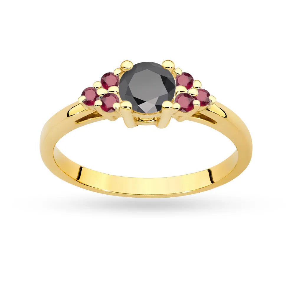 Prsteň zo žltého zlata 14k(585) s čiernym diamantom 0,50 ct a 6 rubínmi. Perfektný ako darček.