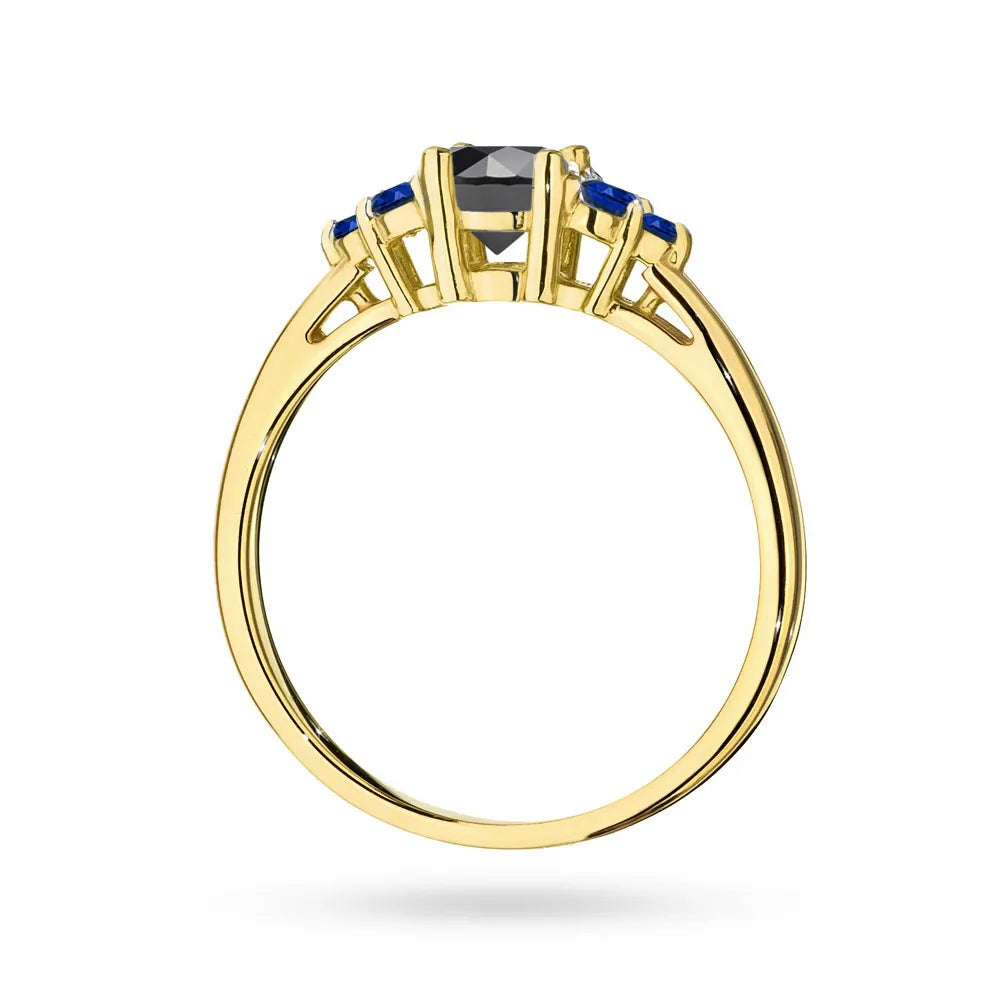 Gold 14k(585) ring with 0,50ct black diamond with 6 sapphires. Perfect for a gift.