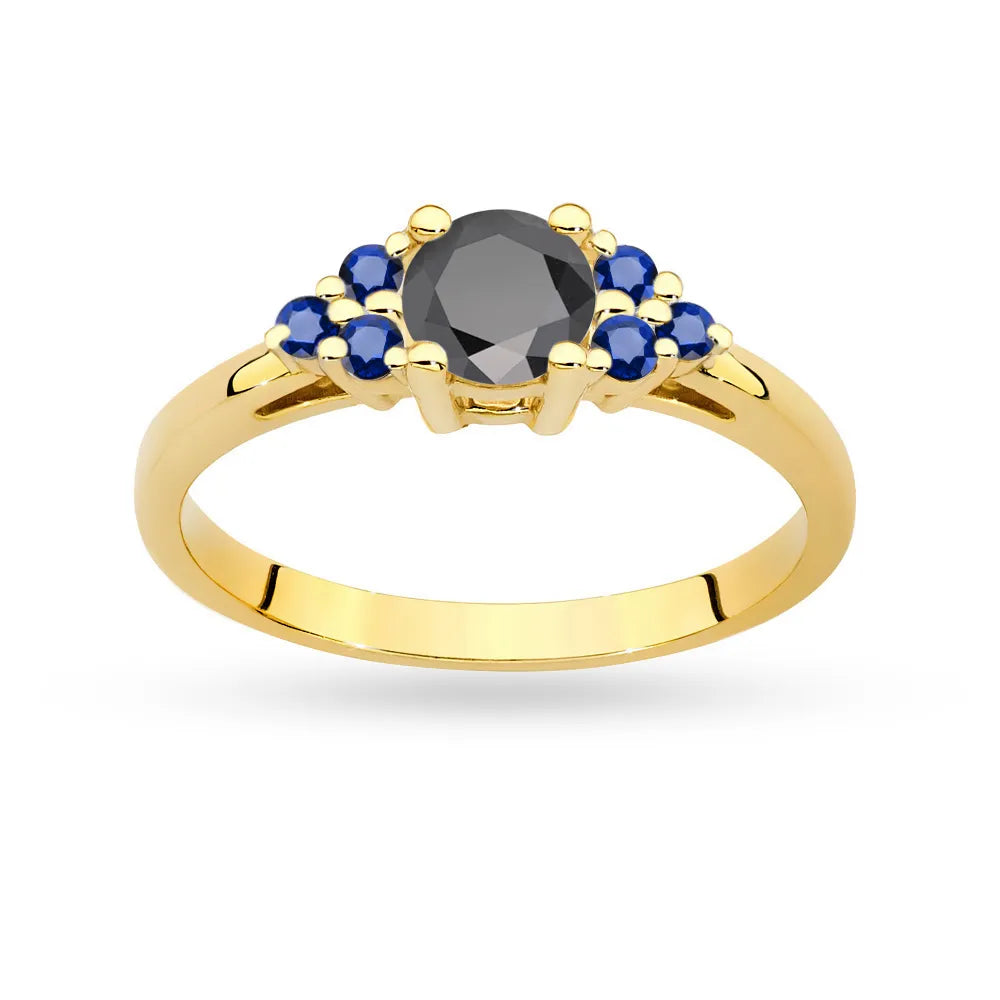 Gold 14k(585) ring with 0,50ct black diamond with 6 sapphires. Perfect for a gift.