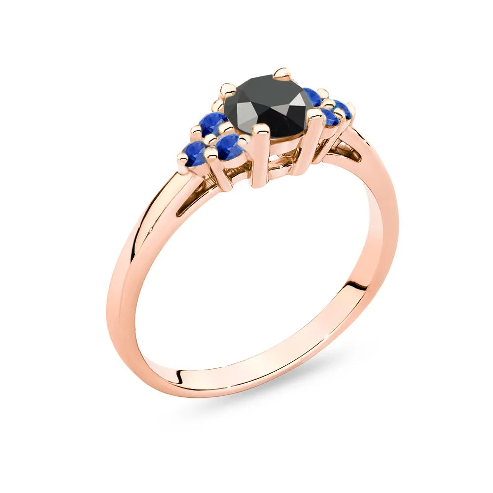 Rose Gold 14k(585) ring with 0,50ct black diamond with 6 sapphires. Perfect for a gift.