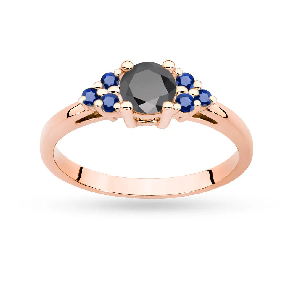 Rose Gold 14k(585) ring with 0,50ct black diamond with 6 sapphires. Perfect for a gift.