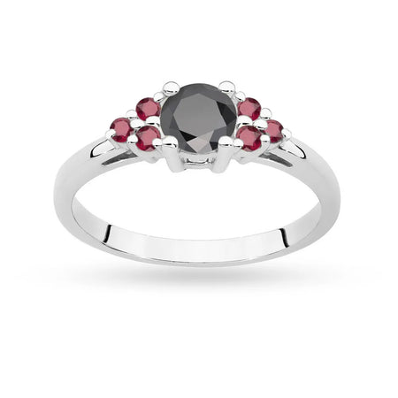 Prsteň z bieleho zlata 14k(585) s čiernym diamantom 0,50 ct a 6 rubínmi. Perfektný ako darček.