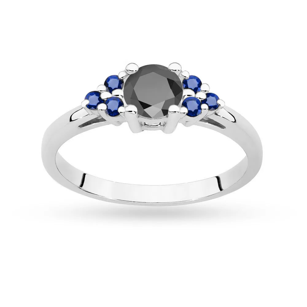 Prsteň z bieleho zlata 14k(585) s čiernym diamantom 0,50 ct a 6 zafírmi. Perfektný ako darček.