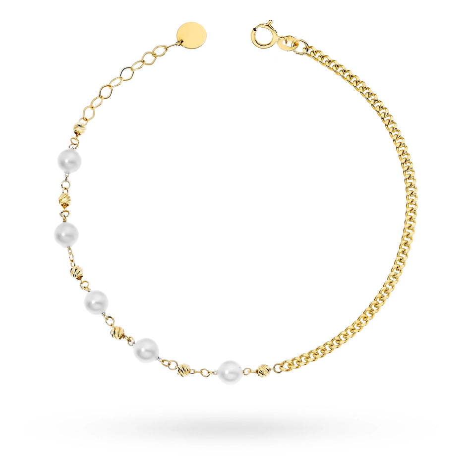 Gold 14k(585) Curb Chain Bracelet with Pearls and Beads Vintage. Order gift for mother, girlfriend or fiancee.