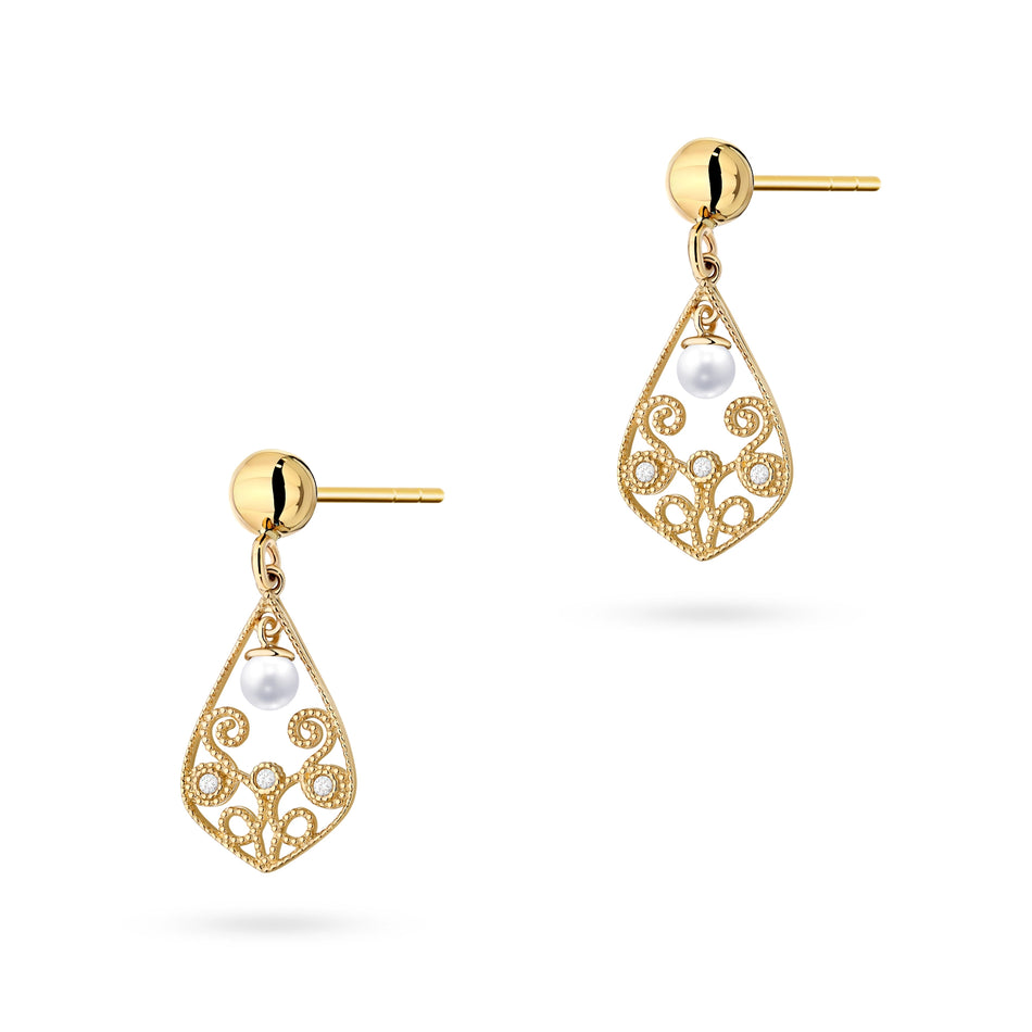 Gold 14k(585) dangle Earrings with pearl in vintage style. Order gift for mother, girlfriend or fiancee.