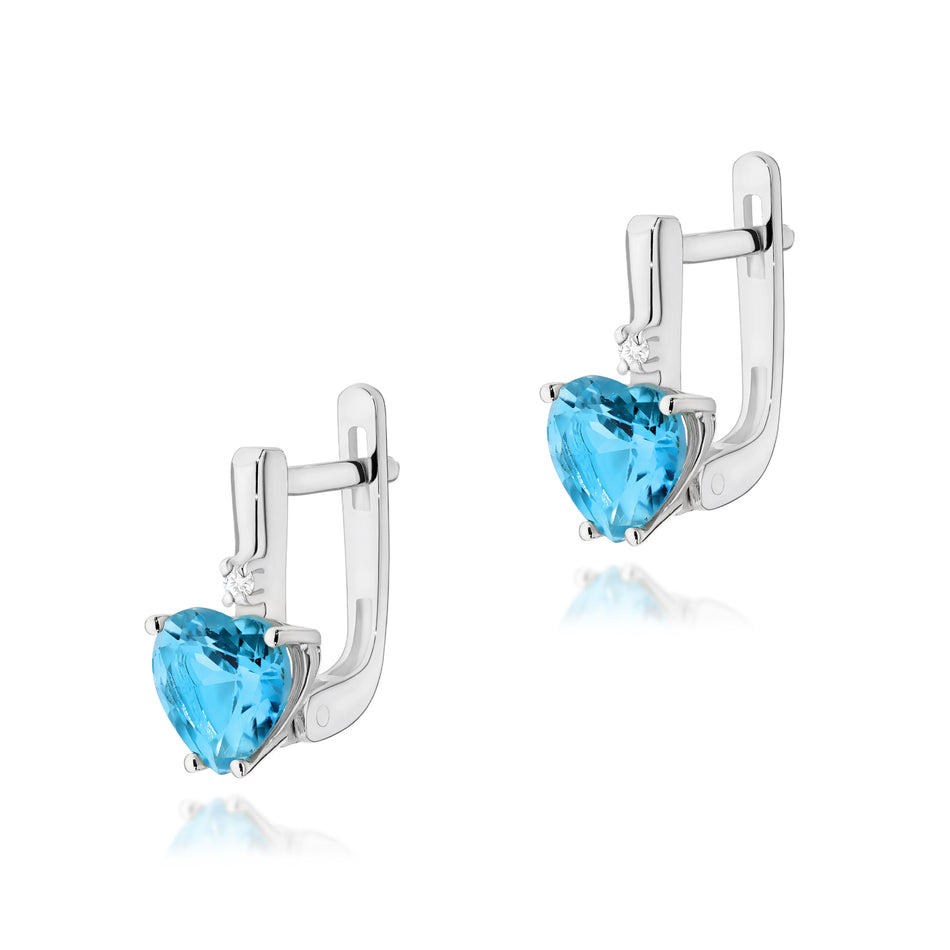 White Gold Earrings with 1.20 ct Heart-Shaped Topaz and Diamonds | 585 (14k) White Gold English Clasp Earrings