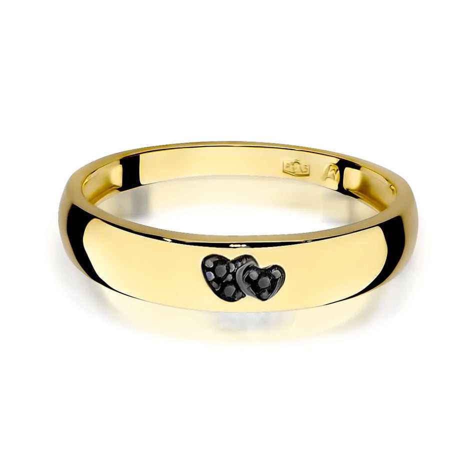 14k gold ring with 2 black diamond hearts. Classic design with modern twist. Packed in black box, paper, and gift bag.