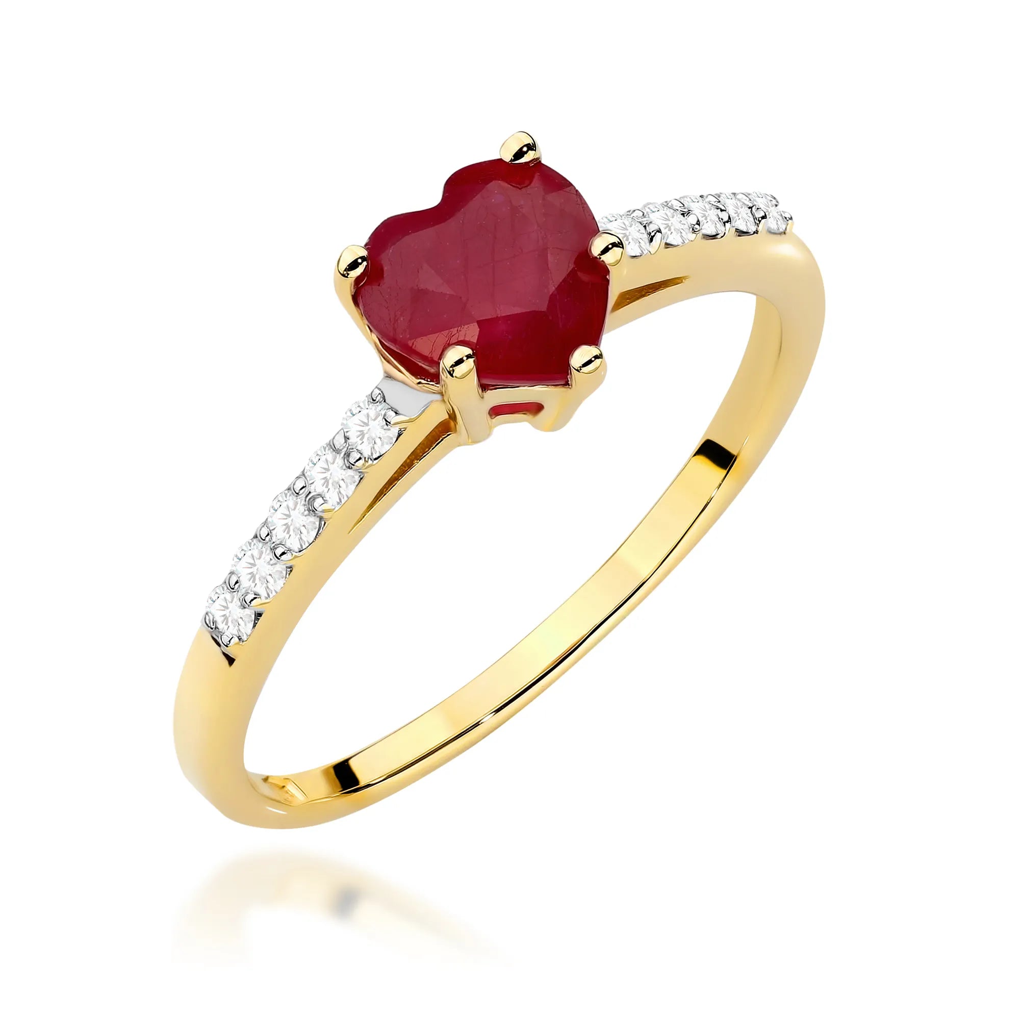 14k gold ring with rubin hearts and 0.10ct diamonds. Packed in black box, paper, and gift bag.