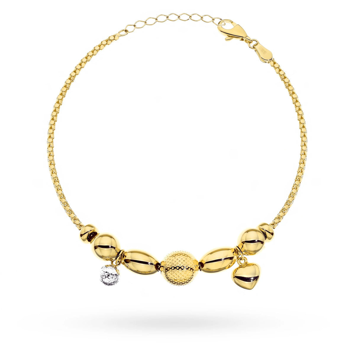 14k Gold two-tone bracelet with decorated beads and a heart. Is packaged in an elegant black box and a gift bag.