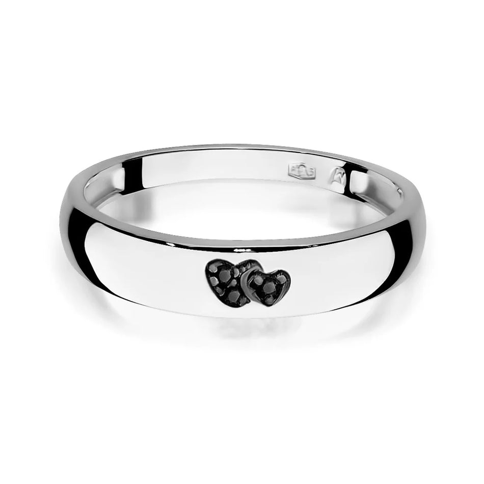 14k white gold ring with 2 black zirconia hearts. Classic design with modern twist. Packed in black box, paper, and gift bag.