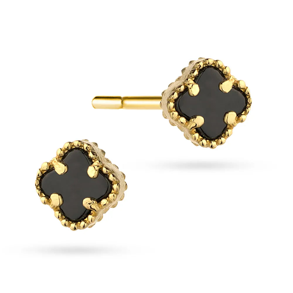 Gold Stud Earrings Black Clovers. 14-carat gold earrings are packaged in an elegant box, perfect for a gift.