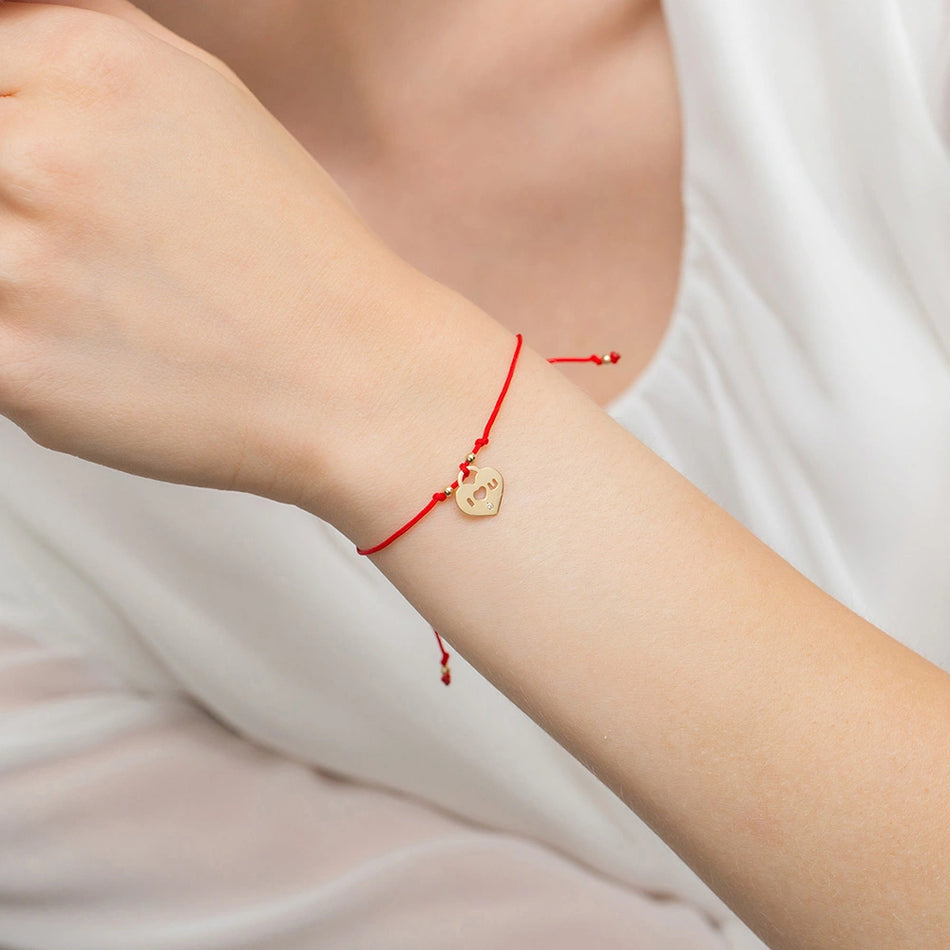 Gold Bracelet with Diamond Heart "I Love You" Red Cord