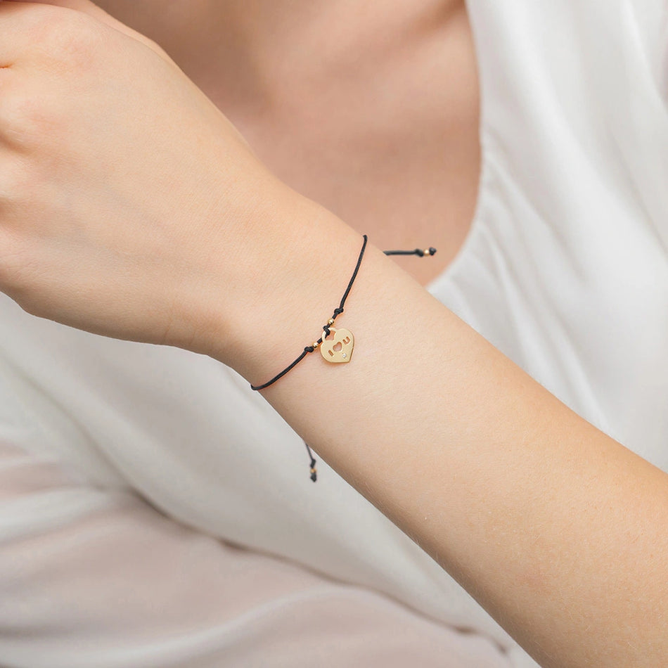 Gold Bracelet with Diamond Heart "I Love You" Black Cord
