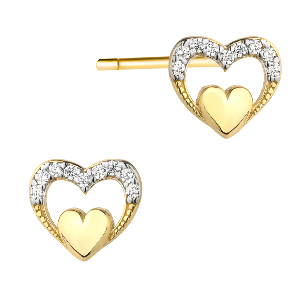 Yellow Gold Heart-in-Heart Stud Earrings with Cubic Zirconia | 585 (14k) Yellow Gold Stud Earrings