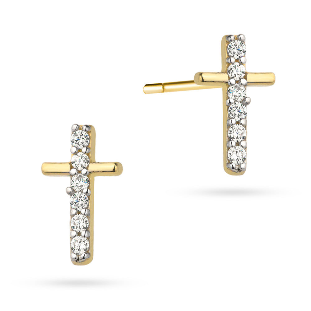 Yellow Gold Cross Stud Earrings with Cubic Zirconia | 585 (14k) Yellow Gold Stud Earrings