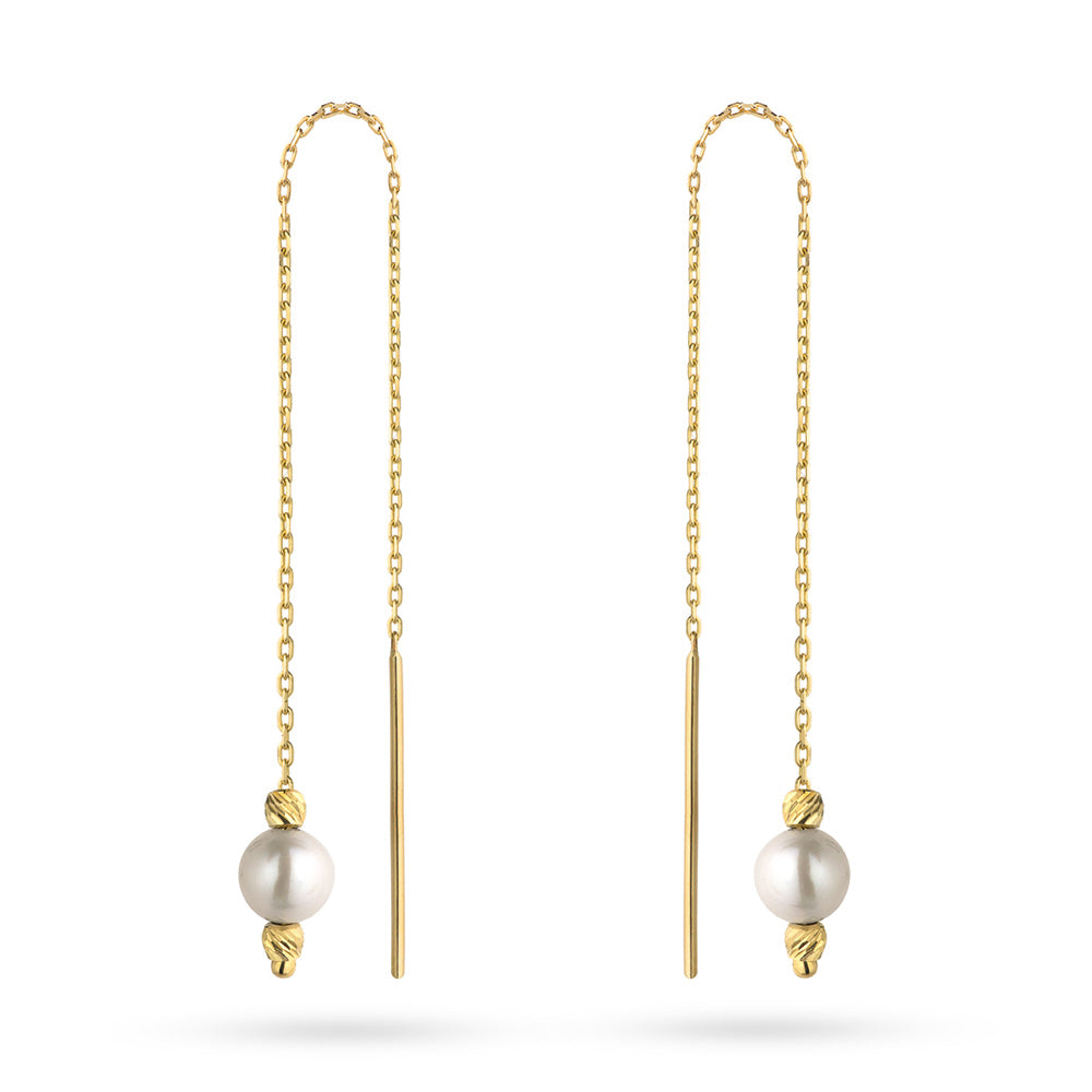 Yellow Gold Pearl and Bead Chain Threader Earrings | 585 (14k) Yellow Gold Pull-Through Earrings
