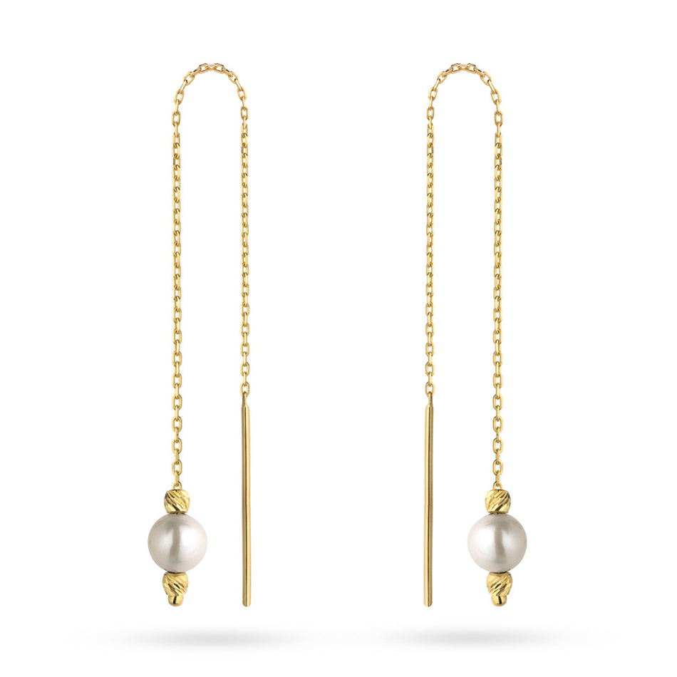Yellow Gold Pearl and Bead Chain Threader Earrings | 585 (14k) Yellow Gold Pull-Through Earrings
