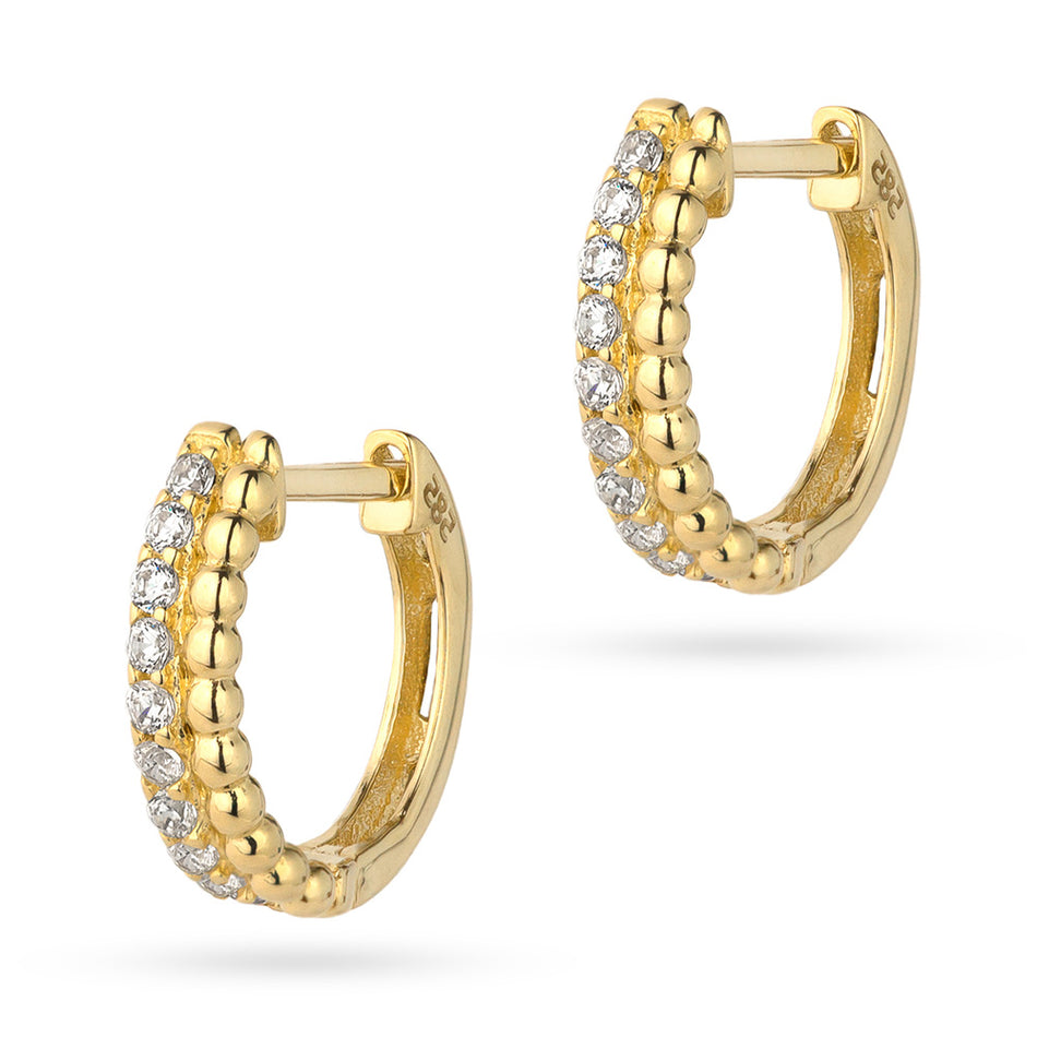 Yellow Gold Beaded Hoop Earrings with Cubic Zirconia | 585 (14k) Yellow Gold English Clasp Earrings