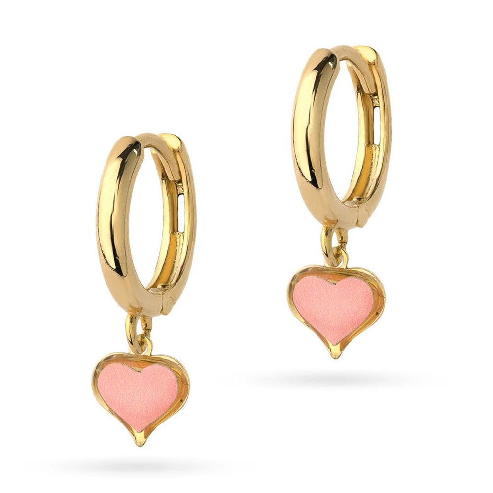 Yellow Gold Hoop Earrings with Pink Heart Charms | 585 (14k) Yellow Gold English Clasp Earrings