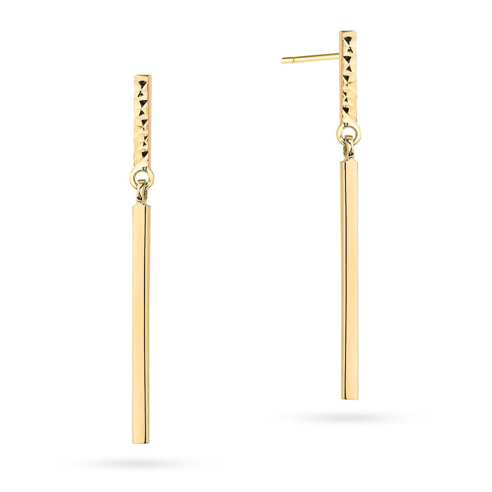 Yellow Gold Long Diamond-Cut Rectangular Drop Earrings | 585 (14k) Yellow Gold Stud Earrings