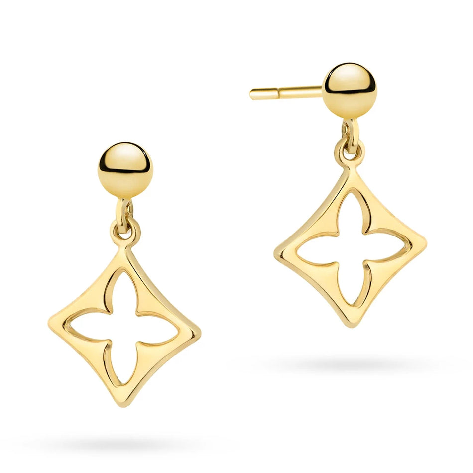 Yellow Gold Diamond-Shaped Clover Drop Stud Earrings | 585 (14k) Yellow Gold Stud Earrings