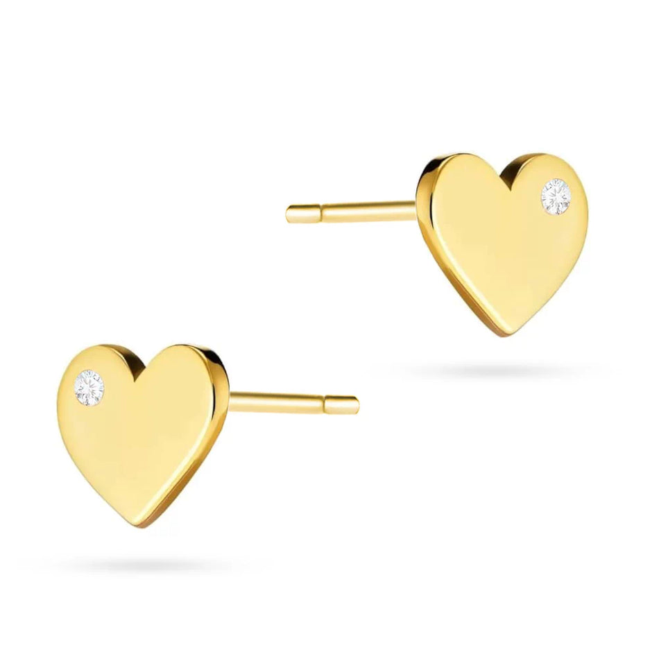 Yellow Gold Heart Stud Earrings with Side Cubic Zirconia | 585 (14k) Yellow Gold Stud Earrings