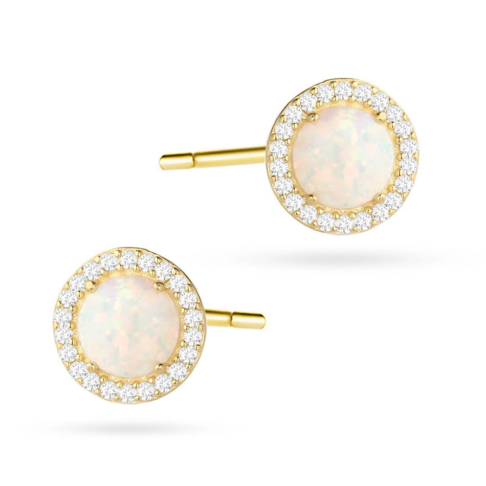Yellow Gold Opal Halo Stud Earrings with Cubic Zirconia | 585 (14k) Yellow Gold Stud Earrings