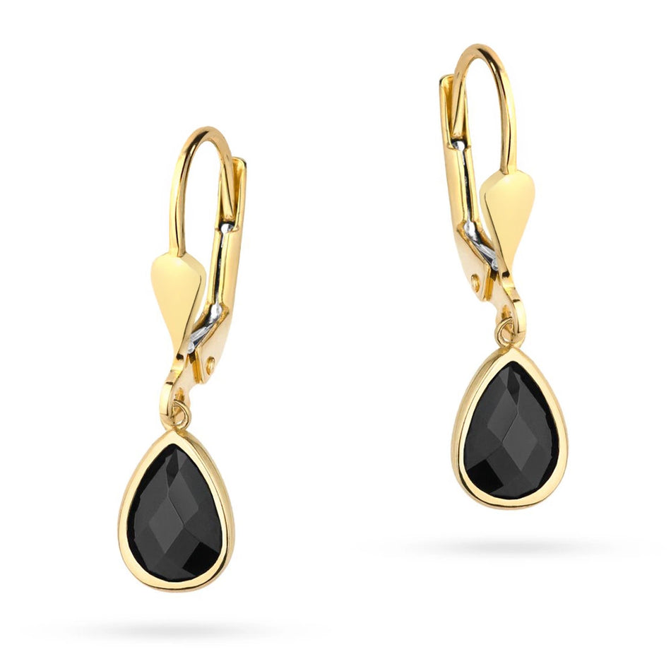 Yellow Gold Drop Earrings with Black Stone and English Clasp | 585 (14k) Yellow Gold English Clasp Earrings