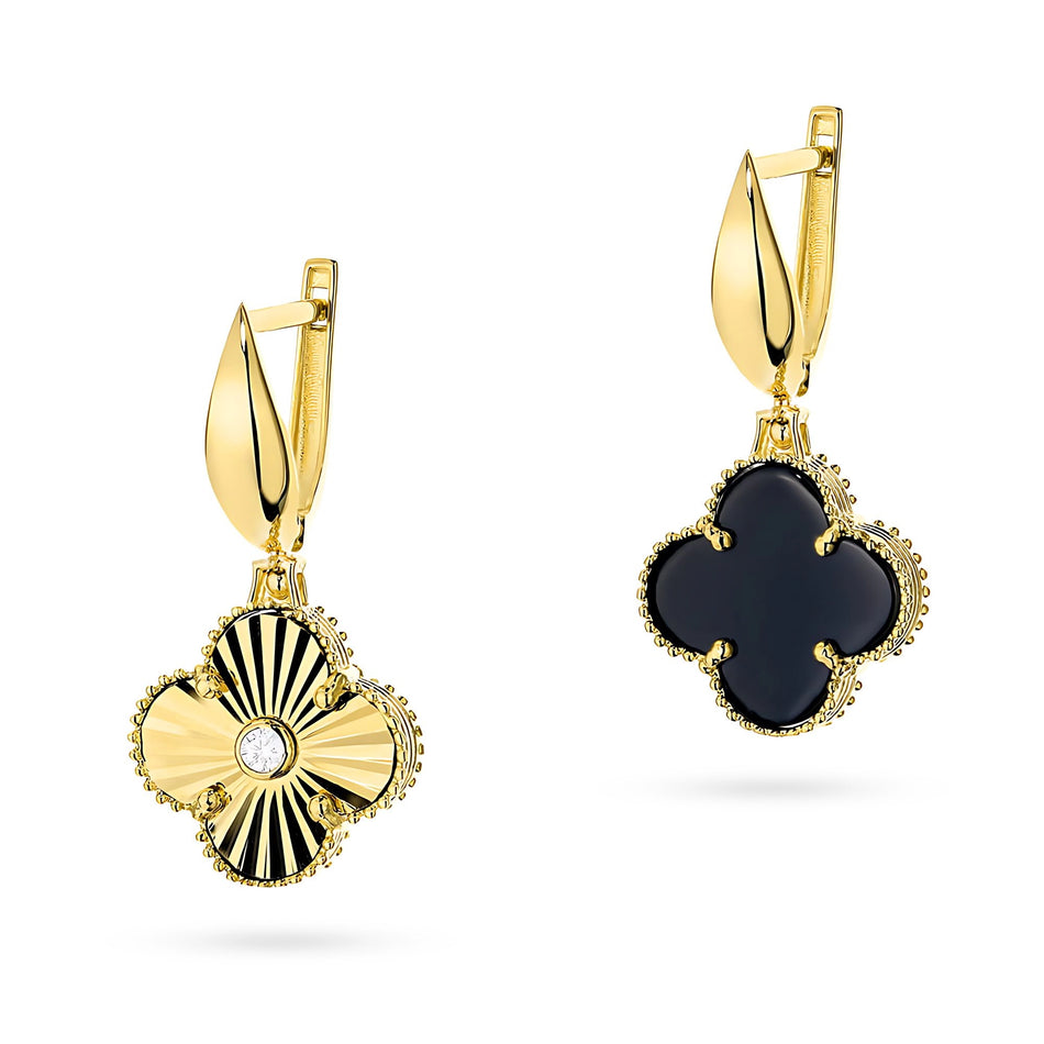 Yellow Gold Double-Sided Clover Earrings with Onyx | 585 (14k) Yellow Gold English Clasp Earrings