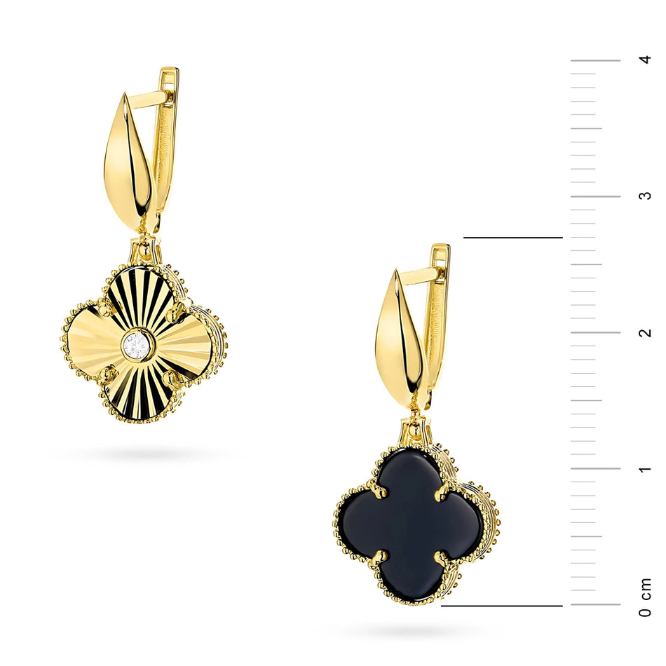 Yellow Gold Double-Sided Clover Earrings with Onyx | 585 (14k) Yellow Gold English Clasp Earrings