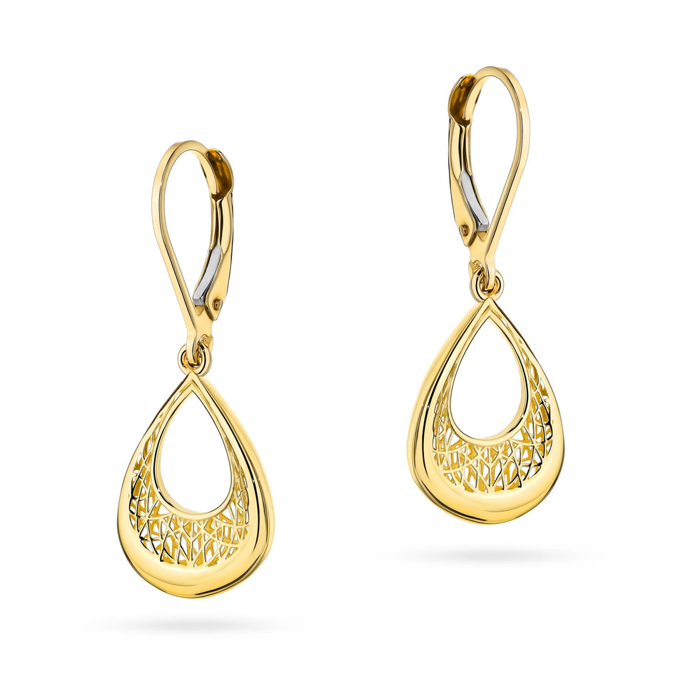 Yellow Gold Openwork Teardrop Earrings with English Clasp | 585 (14k) Yellow Gold English Clasp Earrings