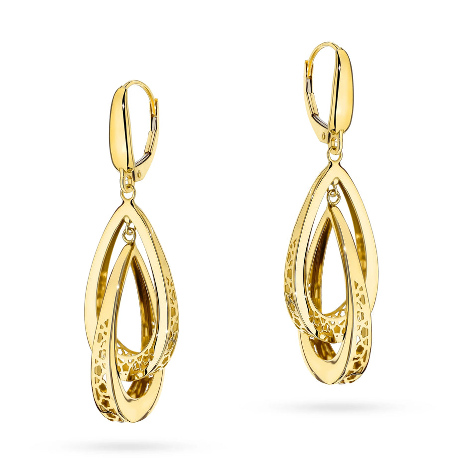 Yellow Gold Double Openwork Teardrop Earrings | 585 (14k) Yellow Gold English Clasp Earrings
