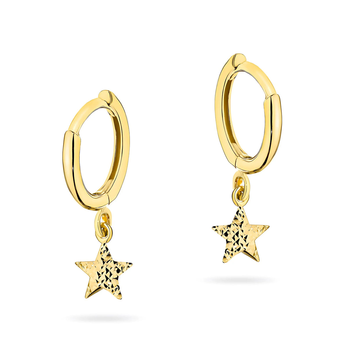 Yellow Gold Diamond-Cut Star Creole Hoop Earrings | 585 (14k) Yellow Gold Hinged Hoop Clasp Earrings