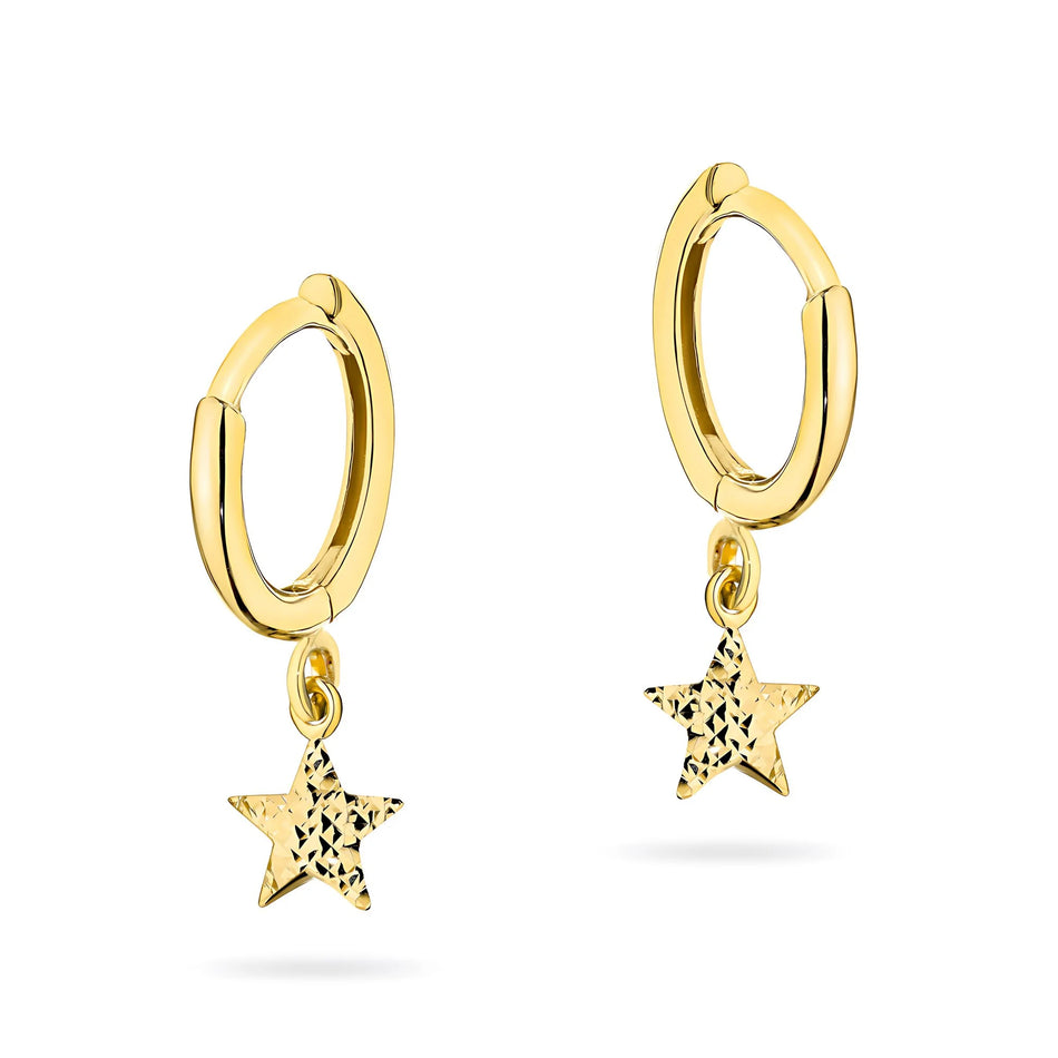 Yellow Gold Diamond-Cut Star Creole Hoop Earrings | 585 (14k) Yellow Gold Hinged Hoop Clasp Earrings