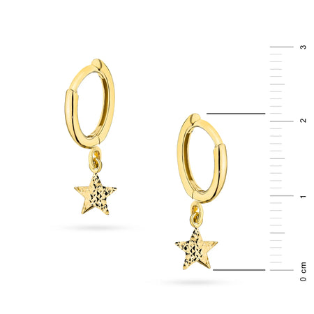 Yellow Gold Diamond-Cut Star Creole Hoop Earrings | 585 (14k) Yellow Gold Hinged Hoop Clasp Earrings