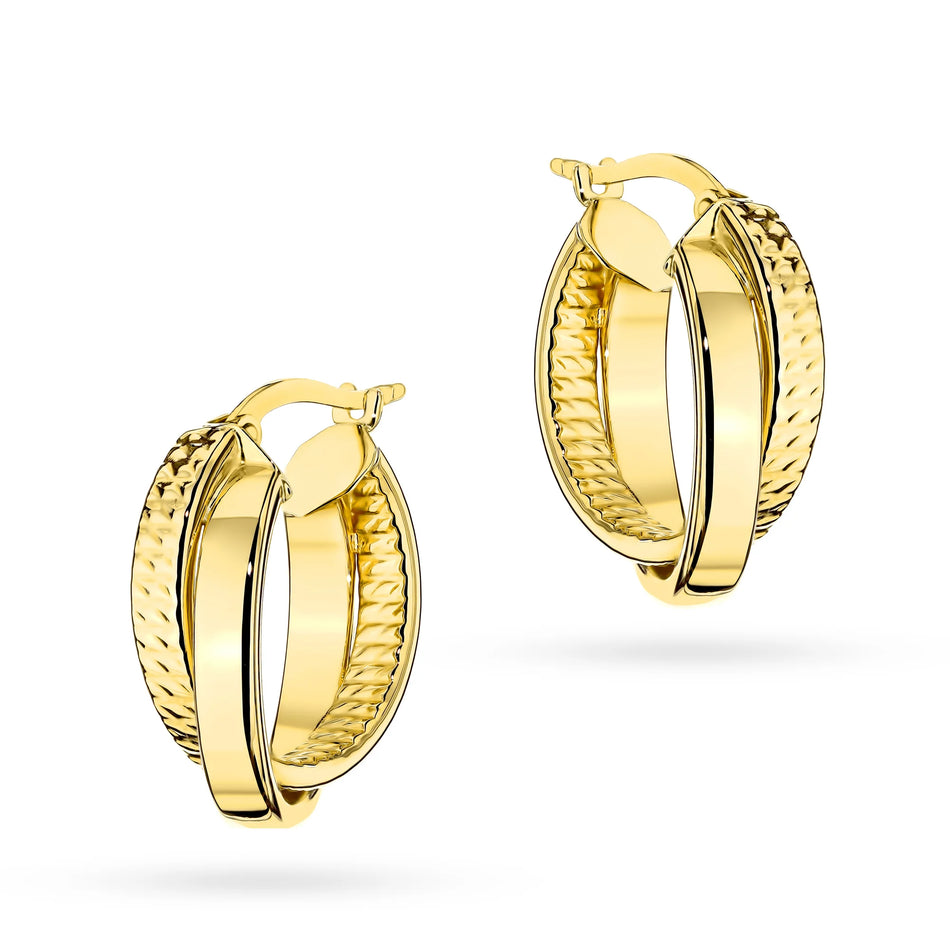 Yellow Gold Double Hoop Drop Earrings with Mixed Finish | 585 (14k) Yellow Gold English Clasp Earrings