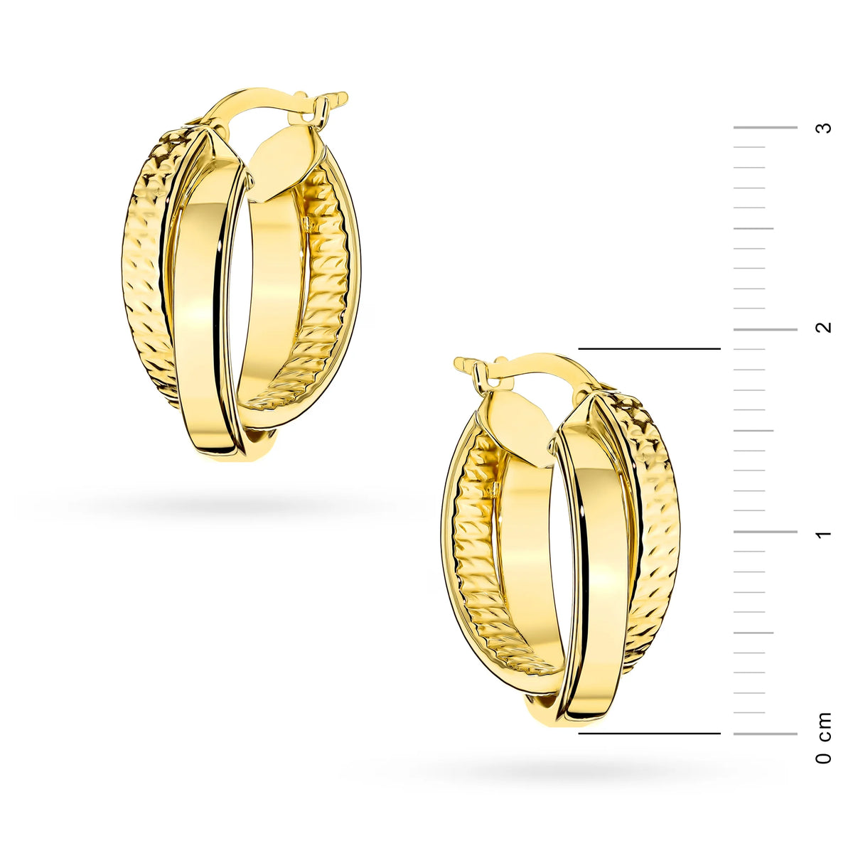 Yellow Gold Double Hoop Drop Earrings with Mixed Finish | 585 (14k) Yellow Gold English Clasp Earrings