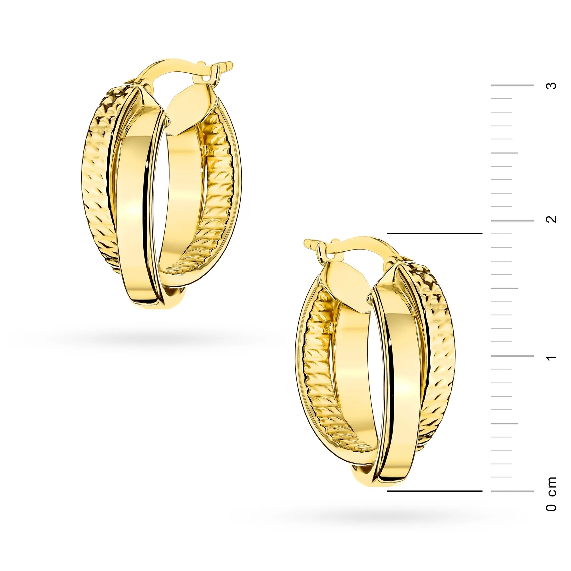 Yellow Gold Double Hoop Drop Earrings with Mixed Finish | 585 (14k) Yellow Gold English Clasp Earrings