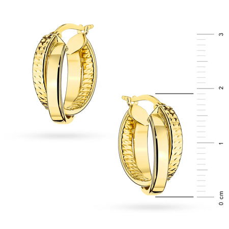 Yellow Gold Double Hoop Drop Earrings with Mixed Finish | 585 (14k) Yellow Gold English Clasp Earrings