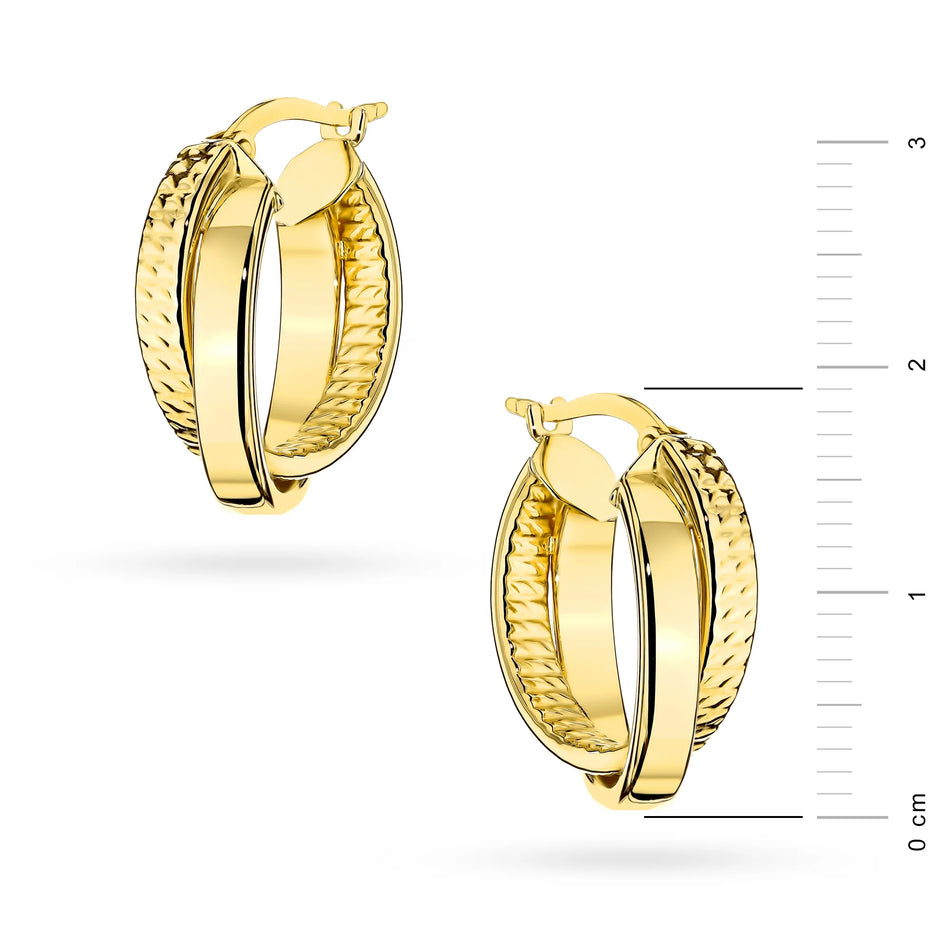 Yellow Gold Double Hoop Drop Earrings with Mixed Finish | 585 (14k) Yellow Gold English Clasp Earrings