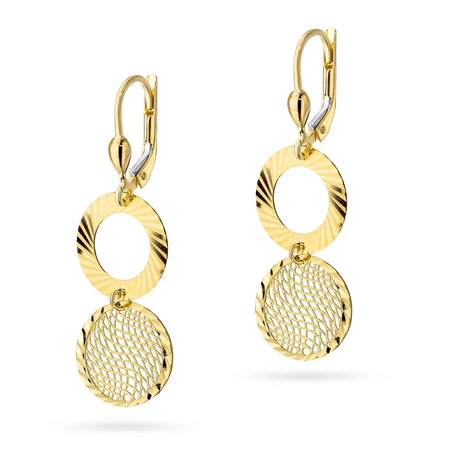 Yellow Gold Openwork Hoop Drop Earrings with Diamond-Cut Ring | 585 (14k) Yellow Gold English Clasp Earrings