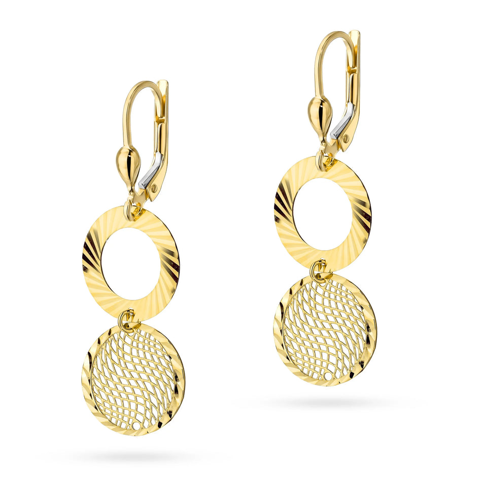 Yellow Gold Openwork Hoop Drop Earrings with Diamond-Cut Ring | 585 (14k) Yellow Gold English Clasp Earrings