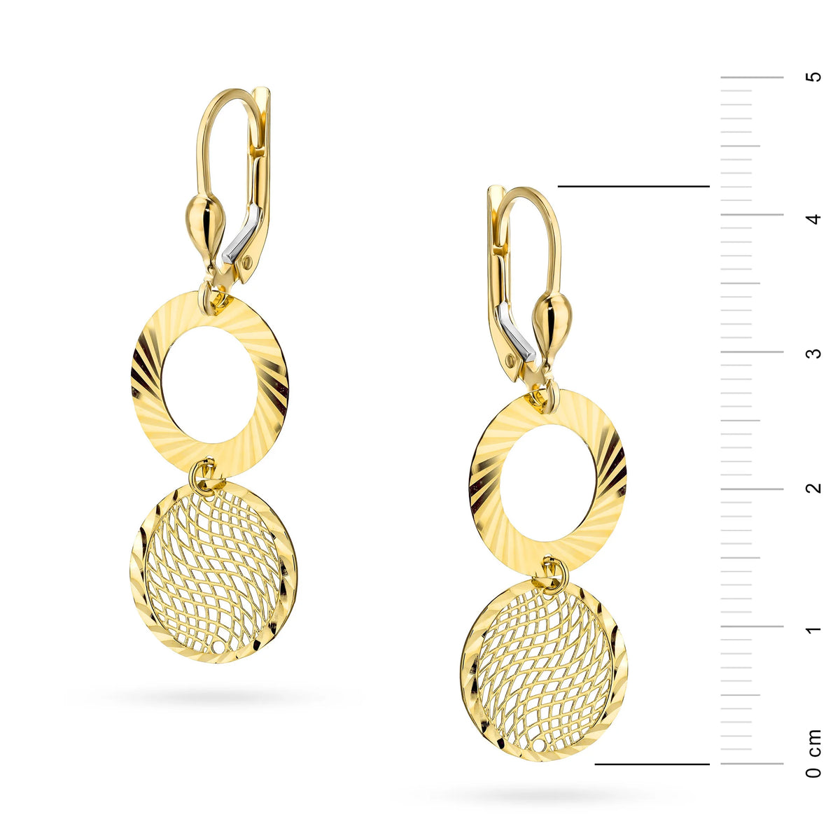 Yellow Gold Openwork Hoop Drop Earrings with Diamond-Cut Ring | 585 (14k) Yellow Gold English Clasp Earrings