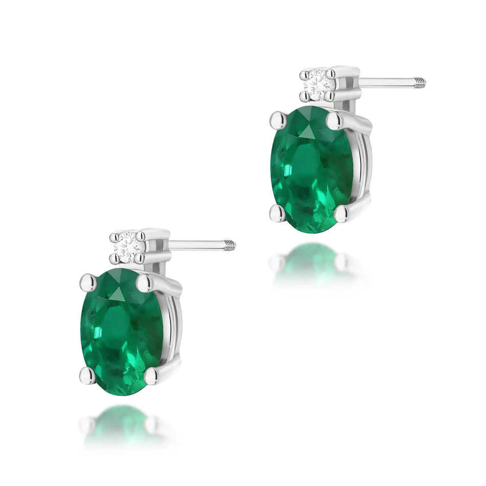 White Gold Earrings with 0.40 ct Emerald and 0.029 ct Diamonds | 585 (14k) White Gold Screw Back Stud Earrings