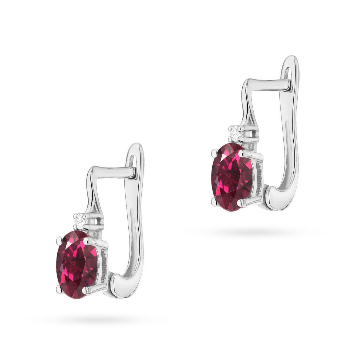 White Gold Earrings with 0.50 ct Rhodolite and Diamonds | 585 (14k) White Gold English Clasp Earrings