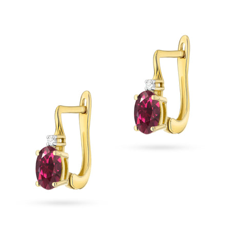 Gold Earrings with 0.50 ct Rhodolite and Diamonds | 585 (14k) Gold English Clasp Earrings