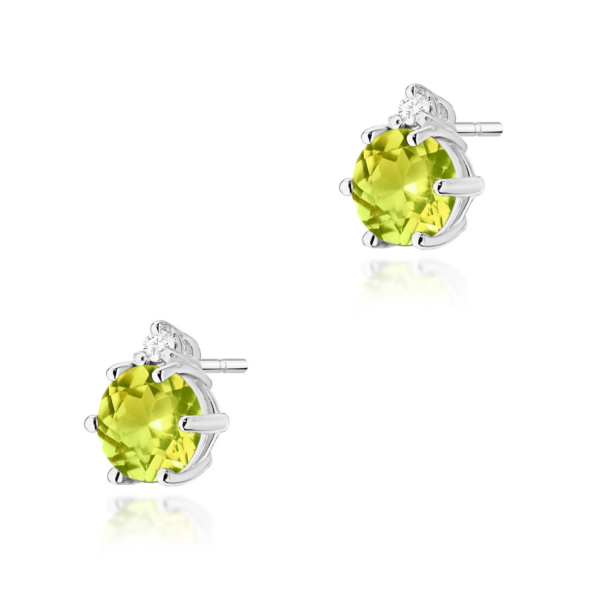 White Gold Earrings with 0.60 ct Olivines and 0.029 ct Diamonds | 585 (14k) White Gold Stud Earrings