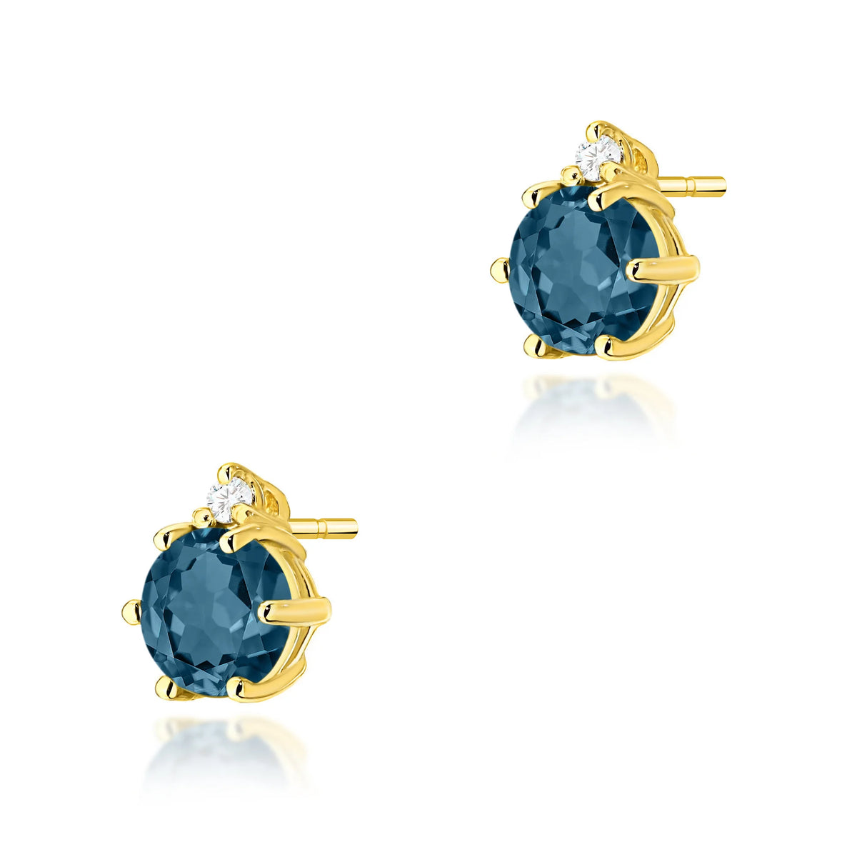 Gold Earrings with 0.50 ct London Blue Topazes and 0.029 ct Diamonds | 585 (14k) Gold Stud Earrings