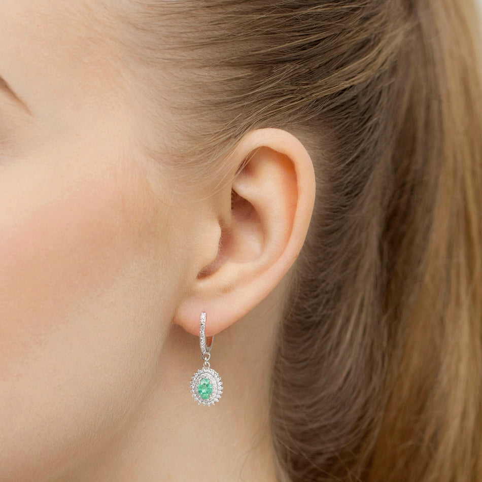 White Gold Earrings with 0.40 ct Emeralds and 0.442 ct Diamonds | 585 (14k) White Gold Hinged Hoop Clasp Earrings